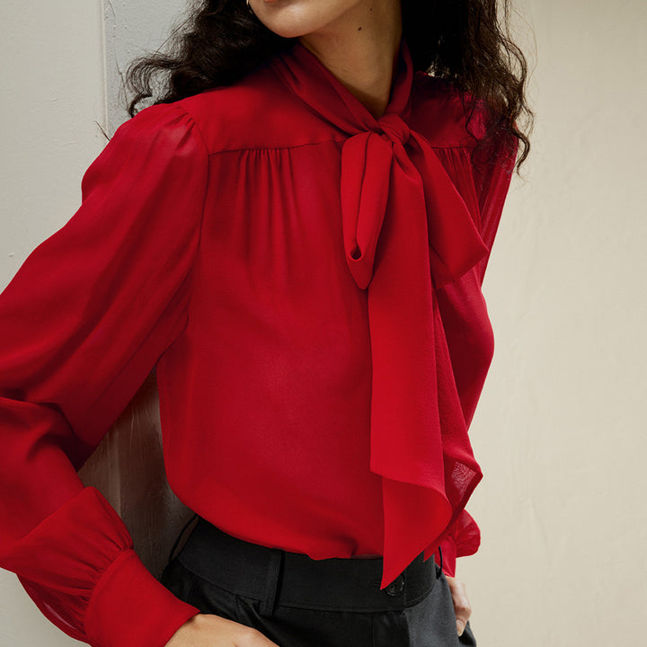 Sheer Silk Mesh Bow-Tie Blouse