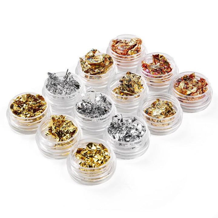 12 Pot Gold Silver Nail Art Glitter Foil Paillette Chip Set