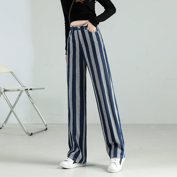 High Waist Vintage Stripe Print Cotton Jeans