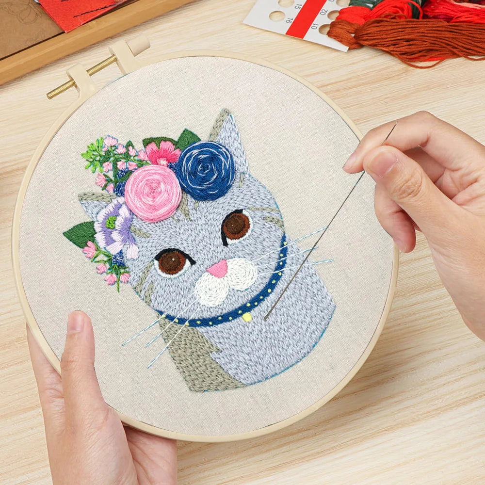 DIY Cat Embroidery Starter Kit with Hoops & Threads for Beginners