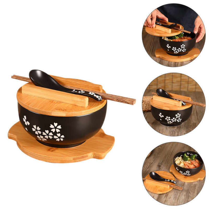 Ceramic Noodle Rice Bowl with Cover Japanese Style Soup Bowl Dinnerware