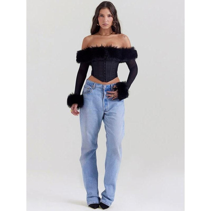 Elegant Feather Strapless Backless Sheer Long Sleeve Sexy T-Shirt