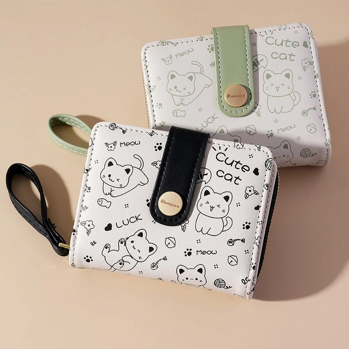 Cute Cat Compact Wallet - Zippered Coin and Card Holder with Key Storage