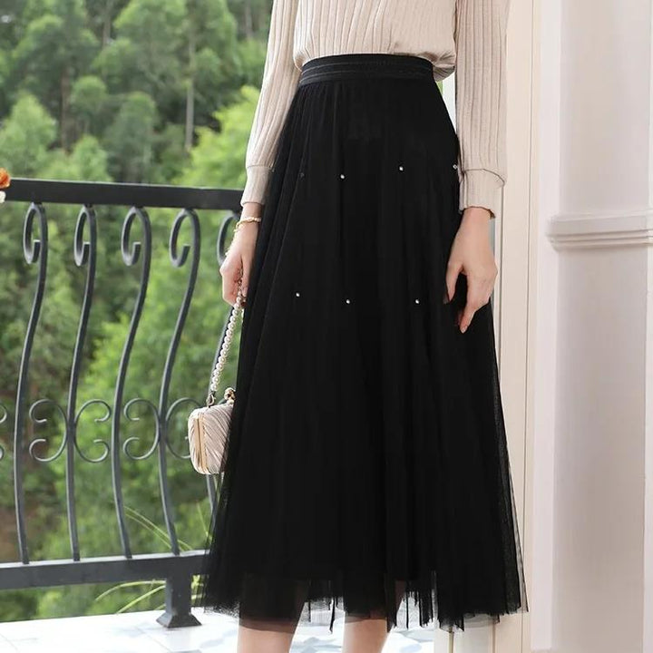 Elegant High-Waist A-Line Mesh Skirt