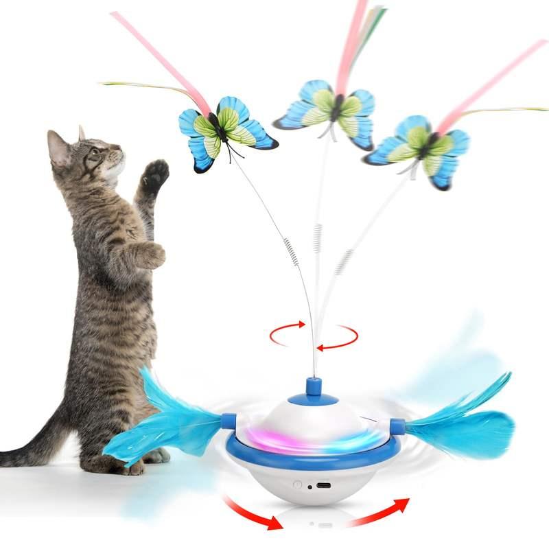 3-in-1 Interactive UFO Cat Toy with Feather, Butterfly, and LED Light