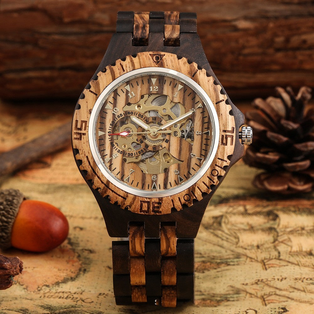 Ebony Zebra Wood Five Beads Strap Automatic Mechanical Wooden Watch