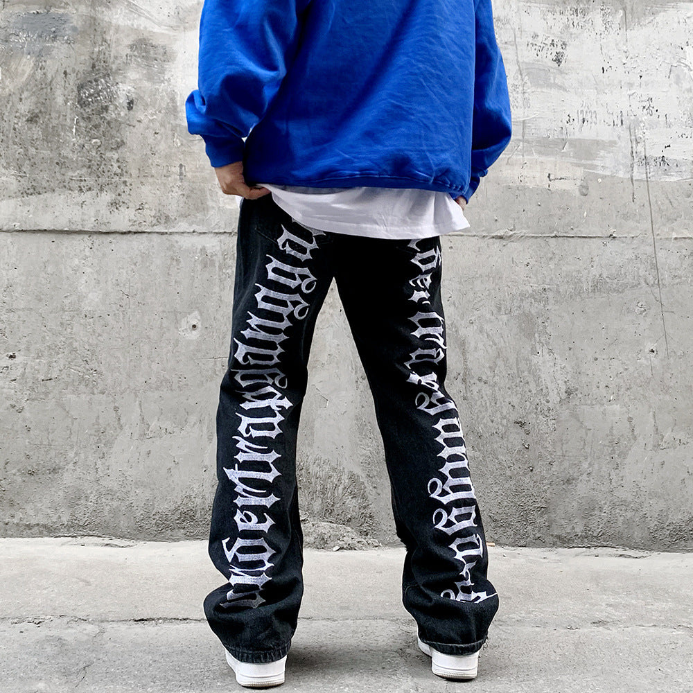 Retro Back Gothic Alphabet Embroidery Ripped Micro Horn Denim Pants