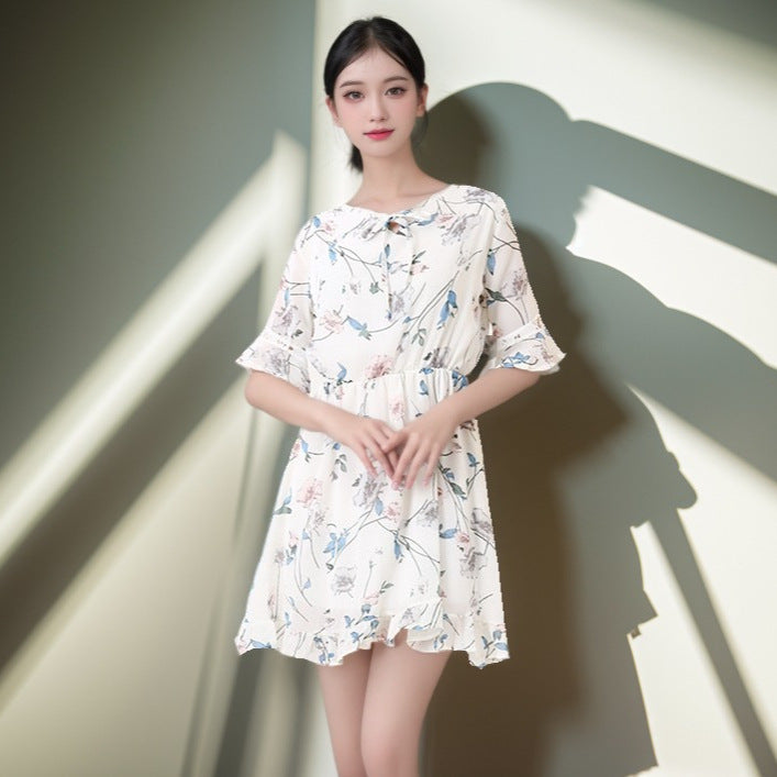 Sweet Floral Chiffon Dress Bell Sleeve Slim Fit All-matching A- Line Skirt