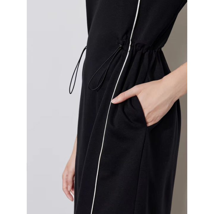 Sports Contrasting Color Pullover Dress with Drawstring Belt