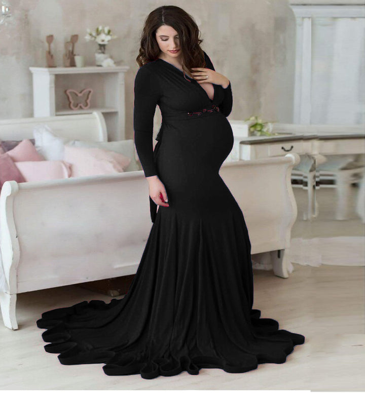 Mercerized Cotton Maternity V-neck Mop Long Sleeve Long Dress