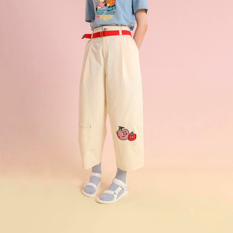 High-Waist Cotton Capris with Cartoon Fruit Embroidery