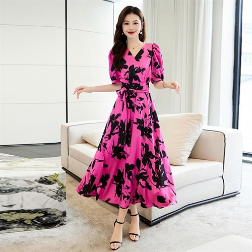 Fashion V-neck Printed Short Sleeve Dress Women