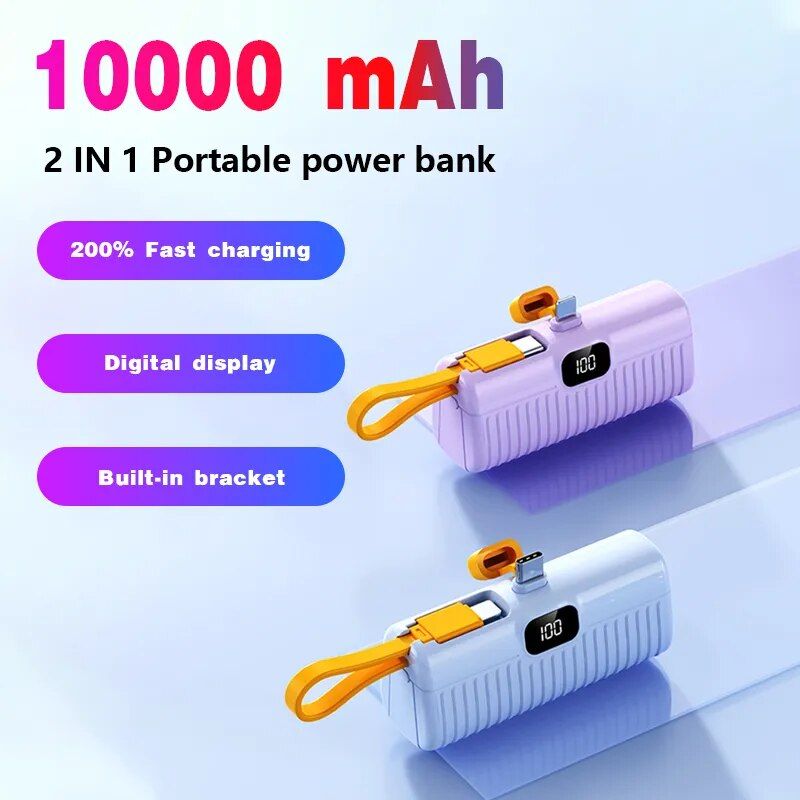 Ultra-Compact 10000mAh Power Bank with Built-In Cables and Digital Display