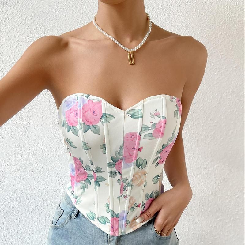 Floral Print Strapless Corset Tank Top