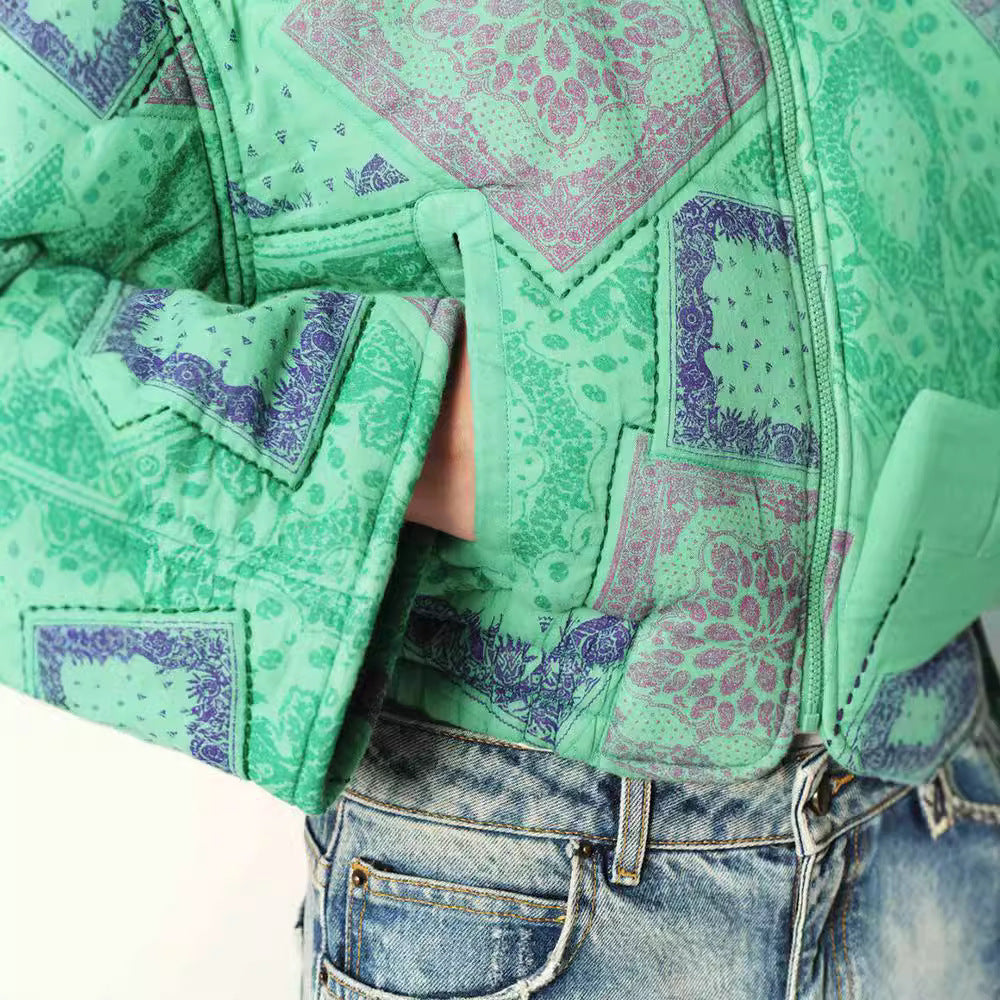 Round Neck Long Sleeve Printed Short Zipped Cotton-padded Jacket