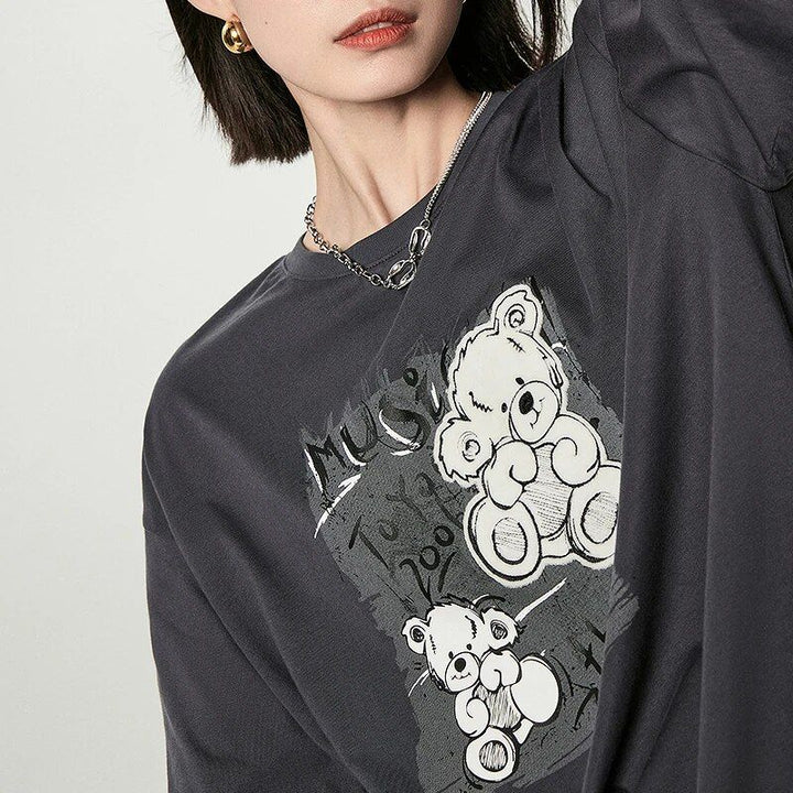 Autumn Bear Print Embroidered Long Sleeve Cotton Tee