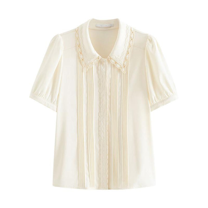 Elegant Summer Embroidered Polo-Neck Blouse with Petal Sleeves