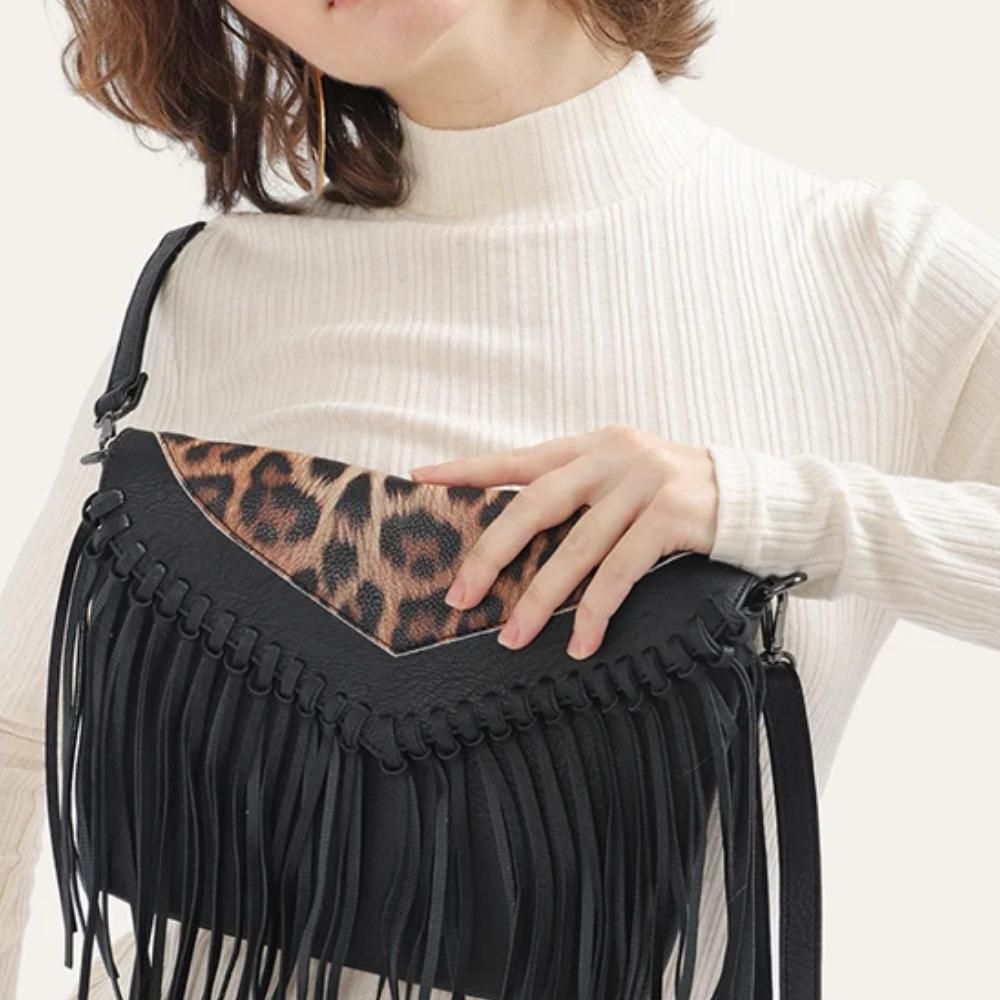 Bohemian Animal Print Crossbody Bag with Tassel Fringe