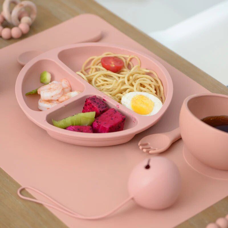 Safe & Stylish Baby Silicone Tableware Set: Dinner Plate, Bowl, Fork & Spoon