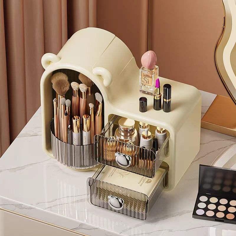 360° Rotating Makeup Brush Holder with Drawers and Dustproof Lid - Wall Mounted & Countertop Organizer