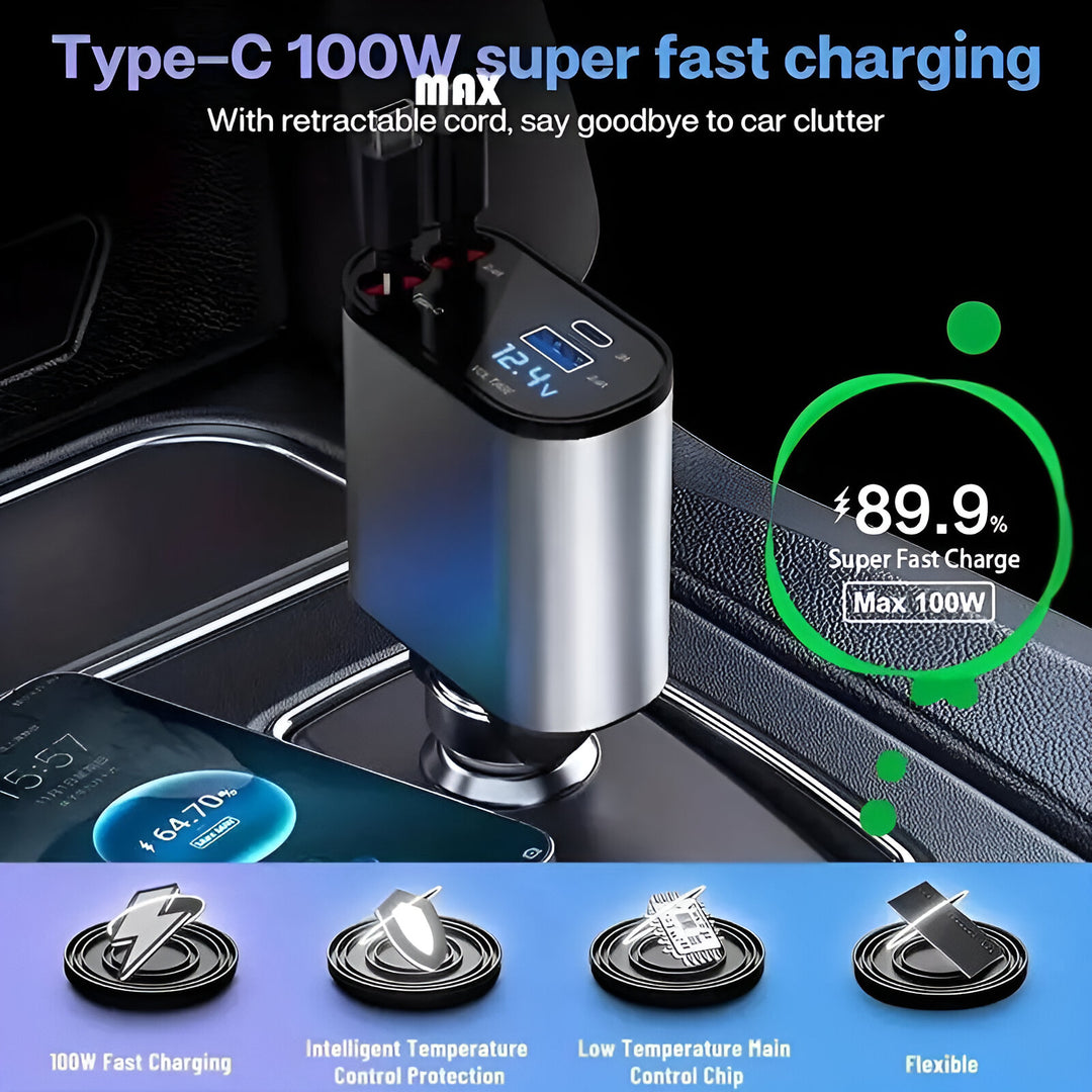 4-in-1 120W Retractable Car Charger with Fast Charging and Voltage Display