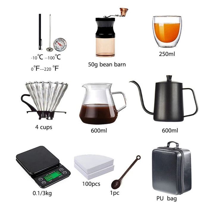 10-Piece Premium Travel Coffee Set: Manual Grinder, Cups & Filters in PU Bag