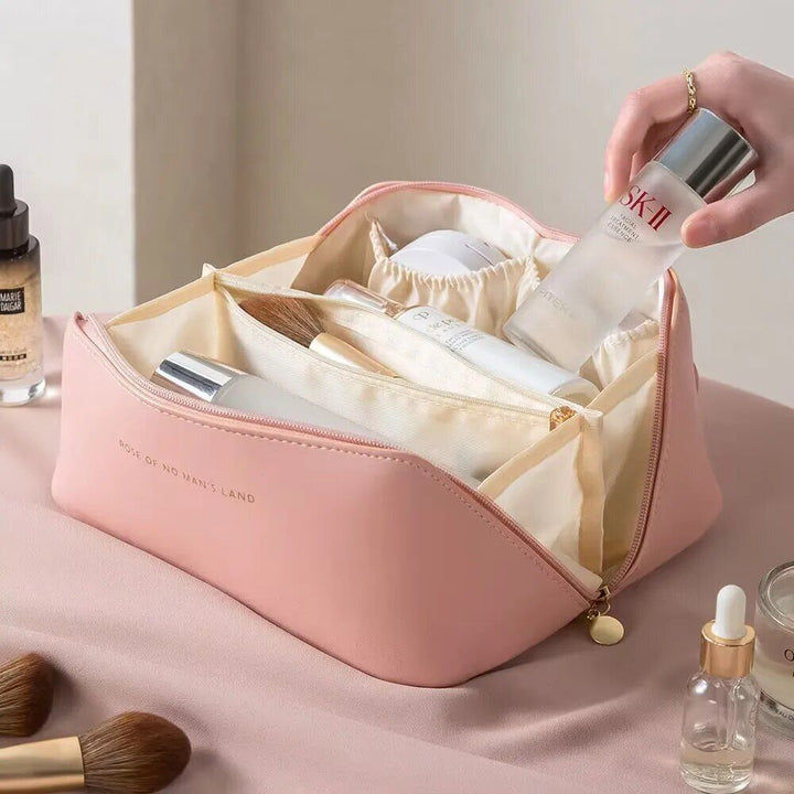 Elegant Leather Travel Cosmetic Bag - Zippered Make-Up Organizer for Women
