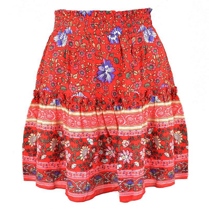 Ethnic Women Elastic Waist Floral Ruffle Pleated Printed Mini Short Skirts