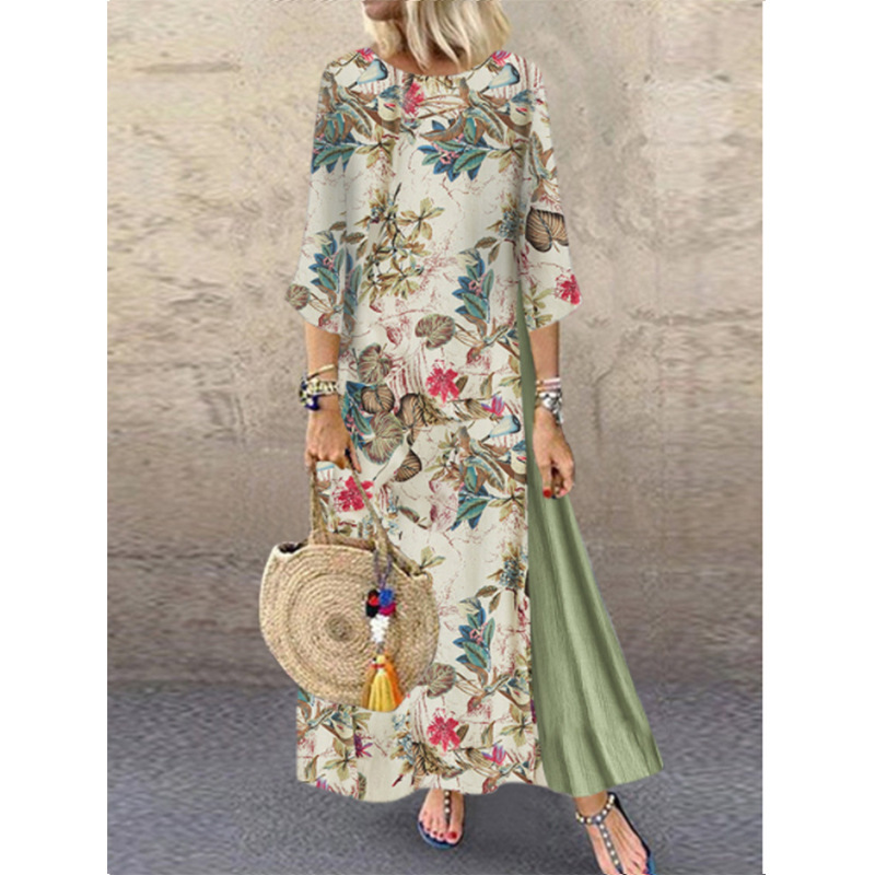 Women Floral Print O-Neck 3/4 Sleeve Casual Belted Maxi Dresses