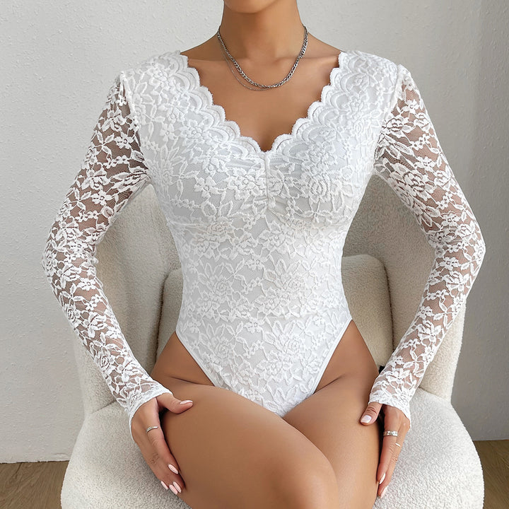 Solid Lace Long Sleeved Slim Fitting Jumpsuit