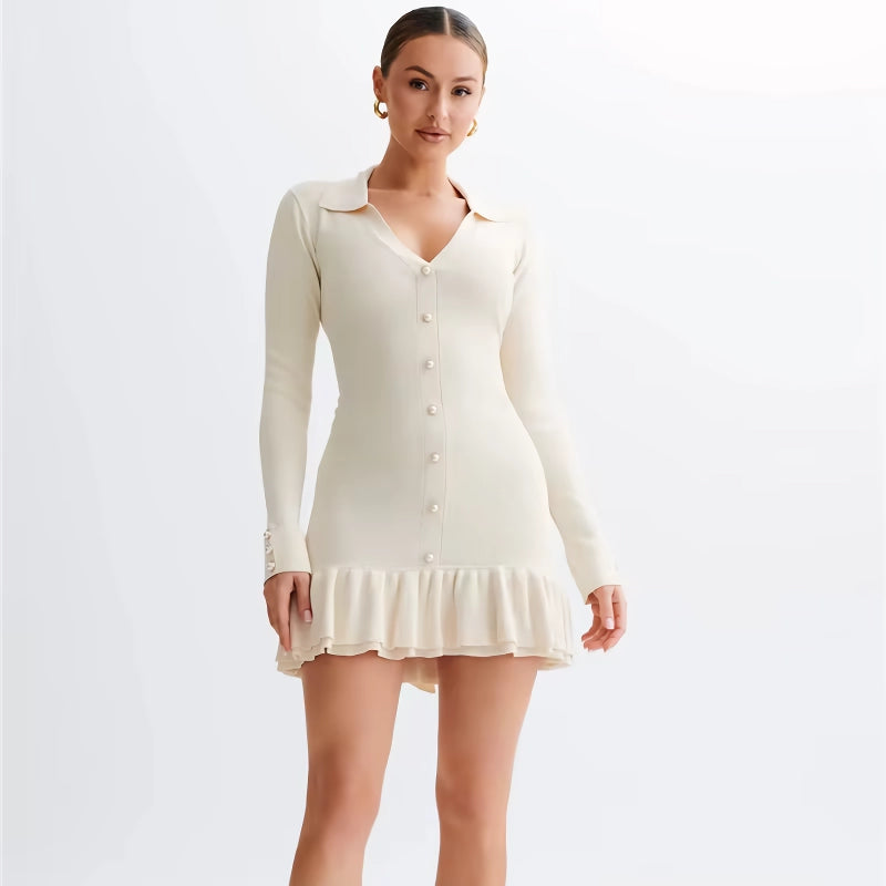 Elegant Long Sleeve Ruffled Knit Mini Dress