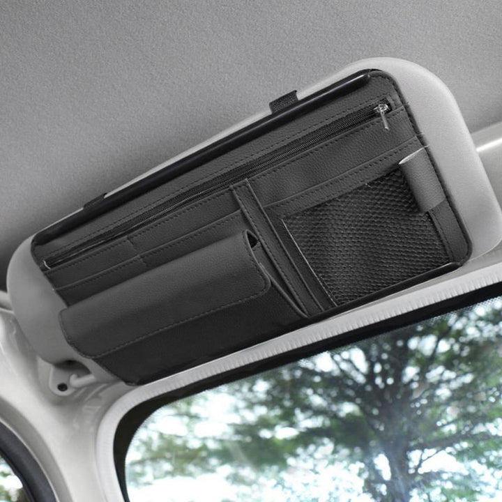 Leather Car Sun Visor Storage Organizer with Sunglasses & Card Holder