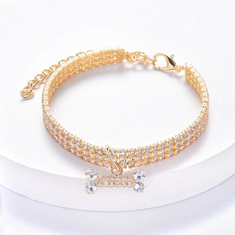 Luxury Adjustable Pet Collar with Zircon Bone Pendant