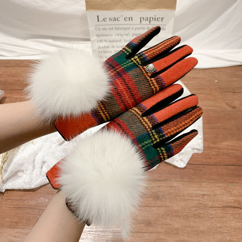 Oversized Fox Fur Ball Day Single Symmetrical Plaid Wool And Cashmere Finger Gloves