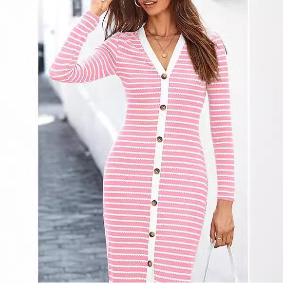 Striped Women's Long Sleeve Mid-length Dress Decoration