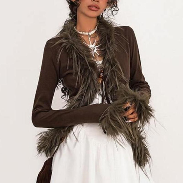 Chic V-Neck Lace-Up Faux Fur Patchwork Knit Cardigan