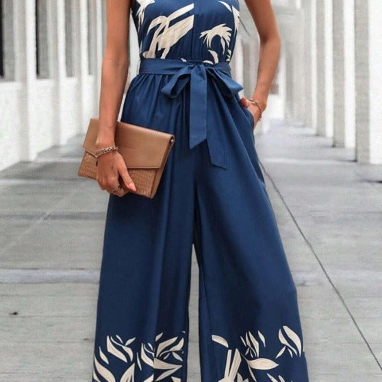 Printing Series Belt Halter Backless Wide Leg Jumpsuit