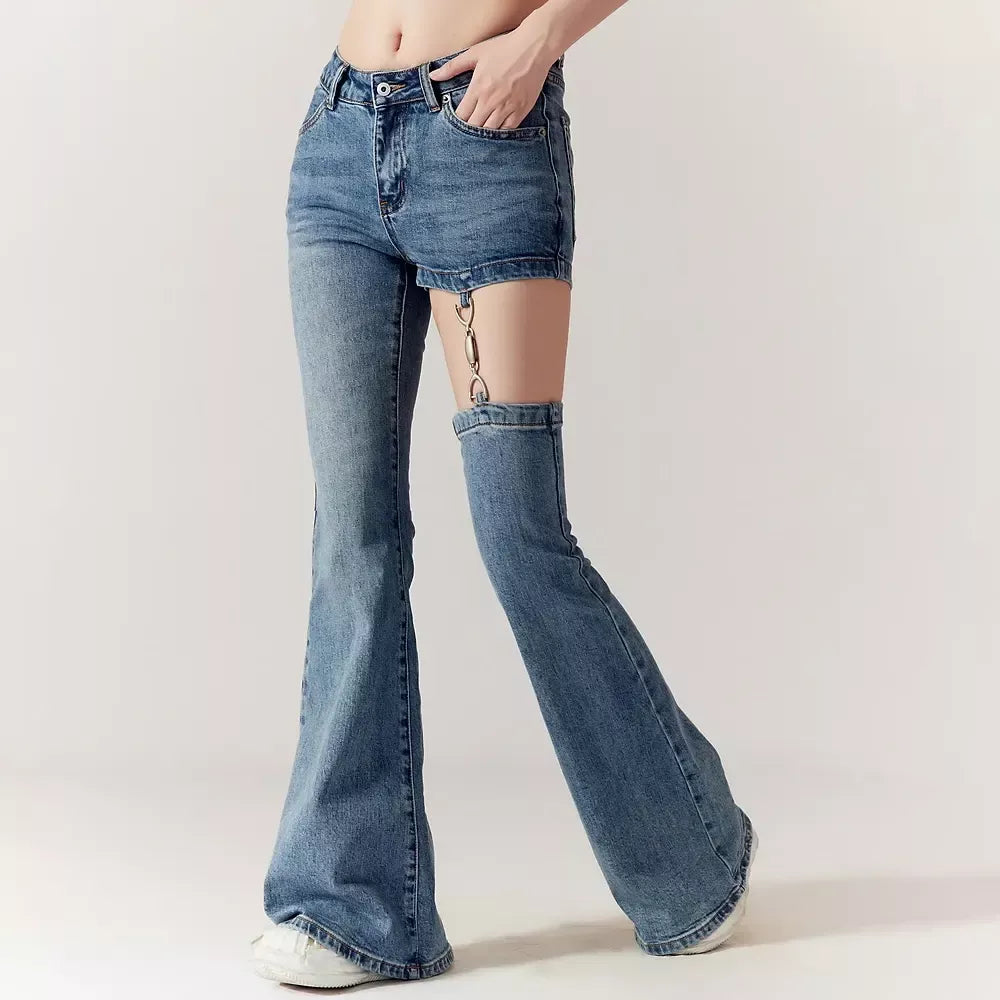 High Waist Hollow Out Chain Spliced Slim Flare Jeans