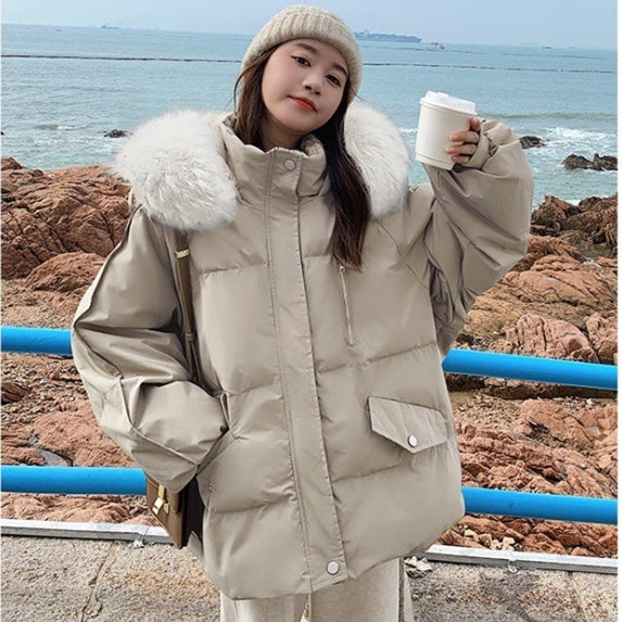 Women's Hooded Solid Color Casual Big Fur Collar Cotton Jacket