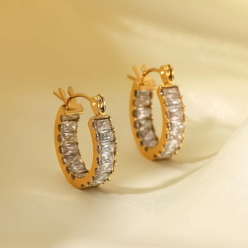 Trendy Waterproof Gold Stainless Steel Hoop Earrings with Cubic Zirconia