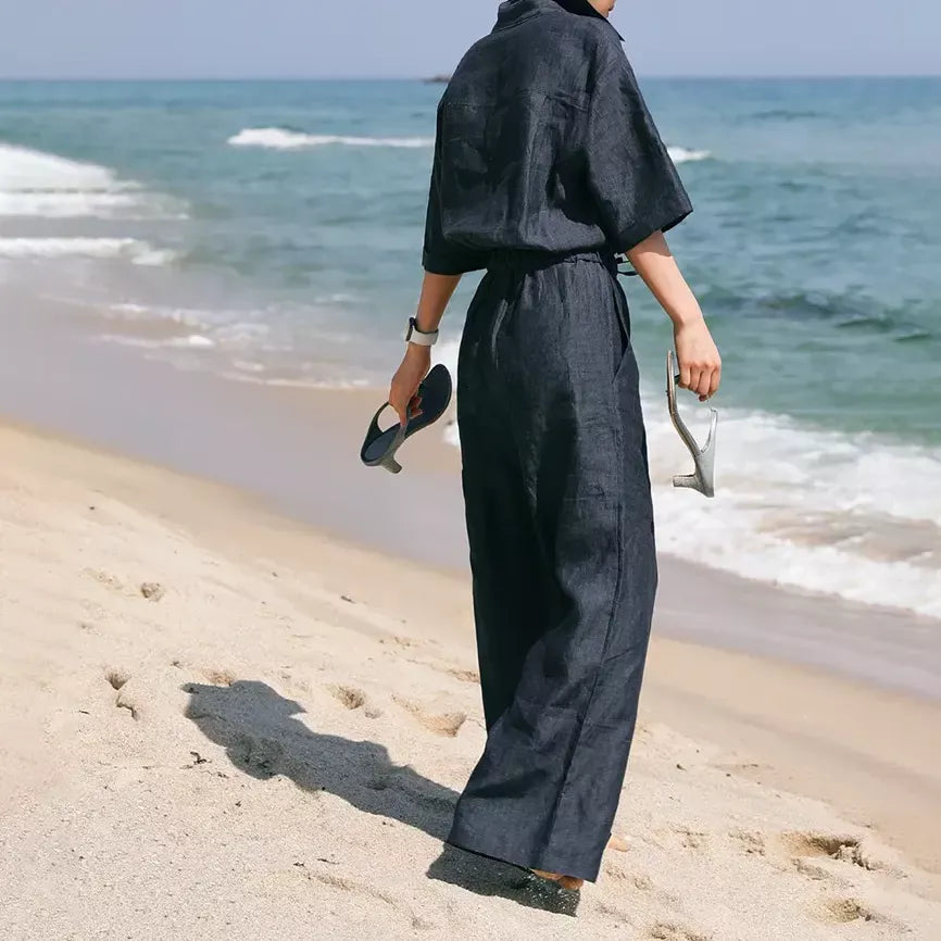 Short Sleeve Linen Jumpsuit with Wide Pants