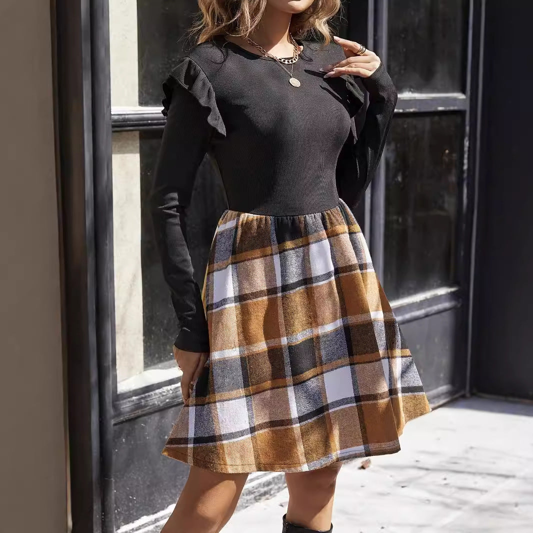 Women's Sunken Stripe Stitching Plaid Long Sleeve Dress