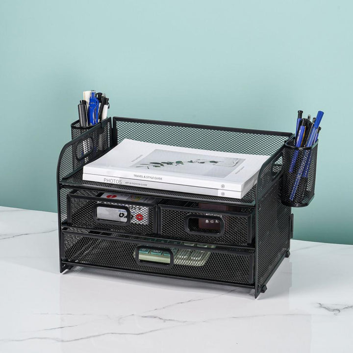 Efficient Mesh Desk Organizer with 3 Drawers and Pen Holders