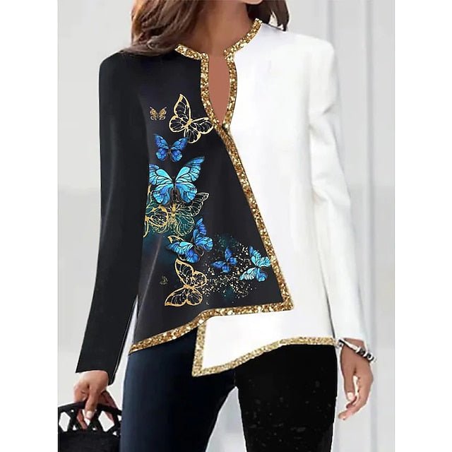 Digital Printed Flower V-neck Hem Asymmetric Women's Long Sleeves