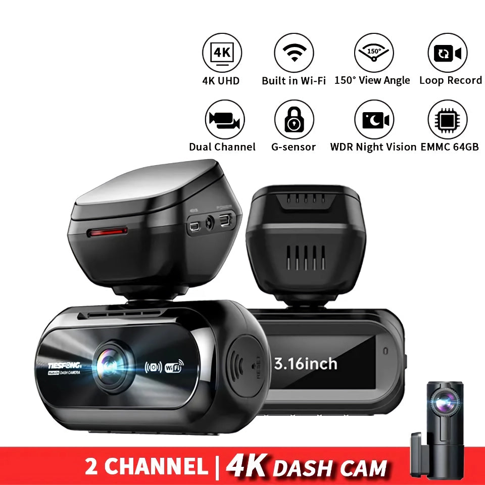 4K UHD Dash Cam with Dual Cameras and Night Vision