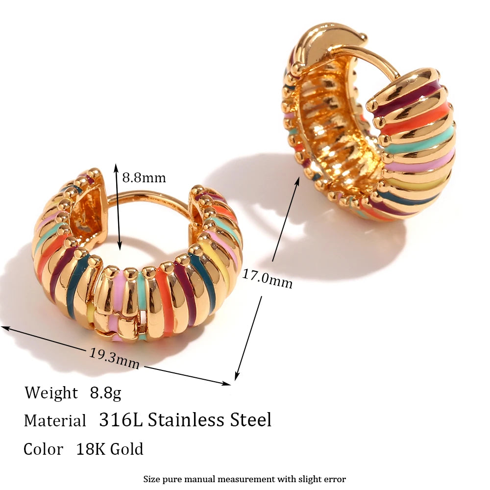 Colorful Hypoallergenic Enamel Circle Textured Hoop Earrings – Gold Plated Stainless Steel