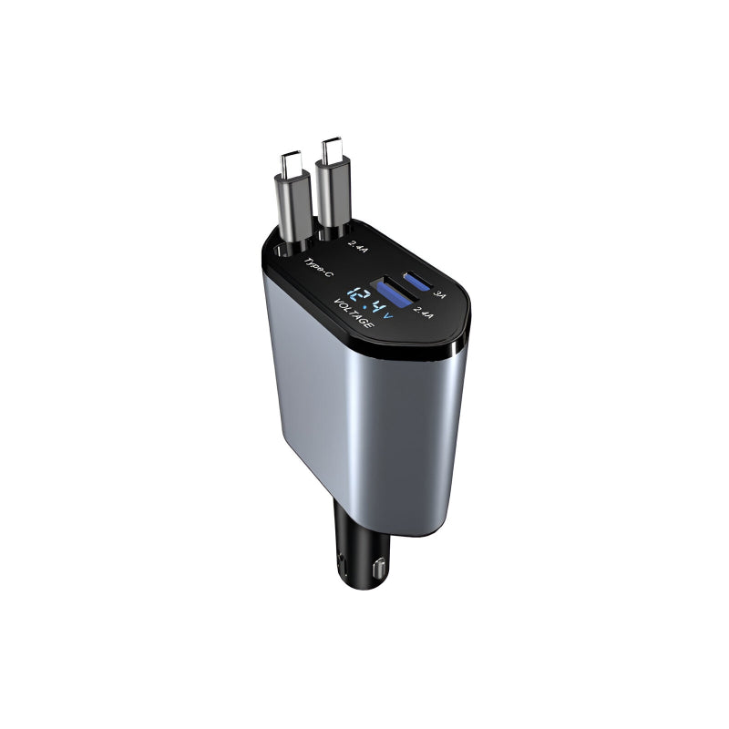 120W 4-in-1 Retractable Car Charger with USB-C and Dual USB Ports for iPhone & Android