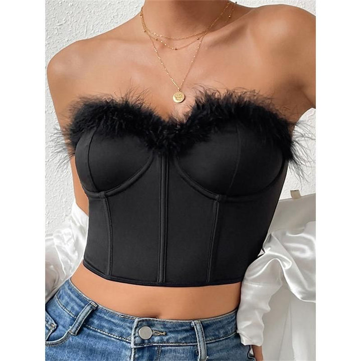 Chic Furry Trim Corset Tube Top