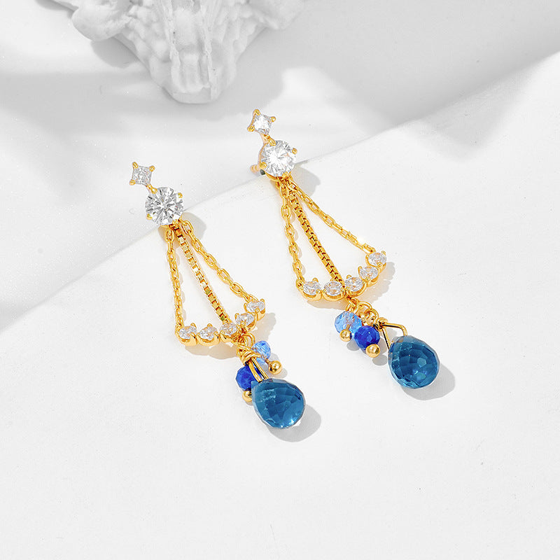 S925 Silver Plated 14K Gold Lapis Lazuli Light Blue Zirconium Earrings