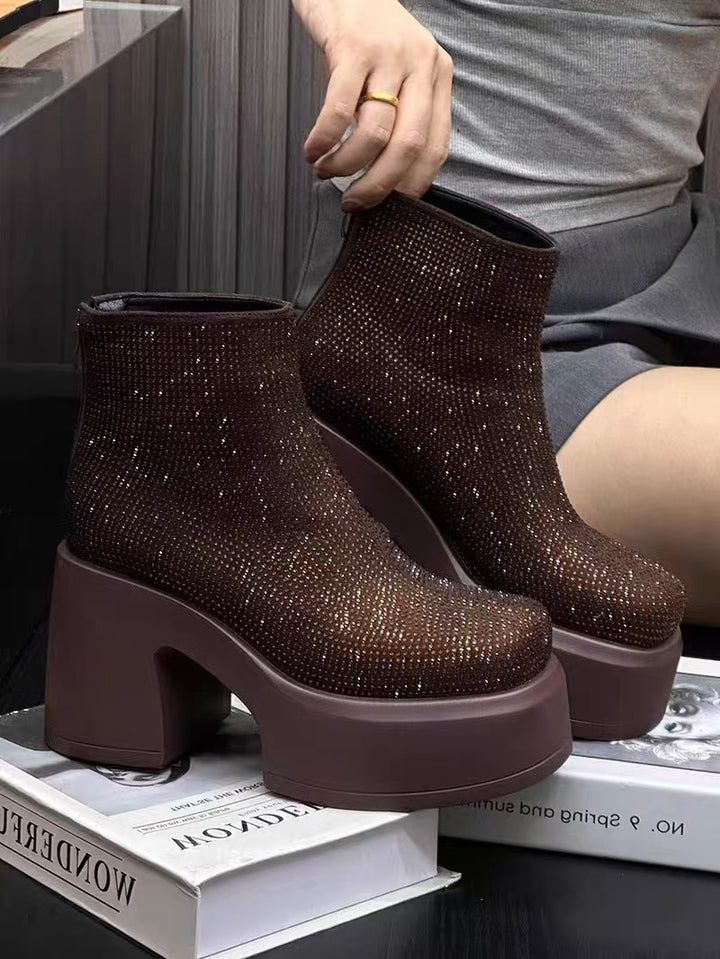 Starry Rhinestone Platform Chunky Heel Booties